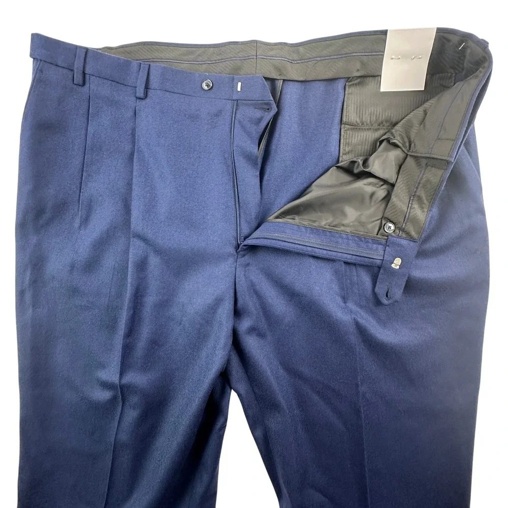 Paul Fredrick Mens 50‎ Dress Pants Blue Wool Pleated Solid Trousers Unhemmed NWT
